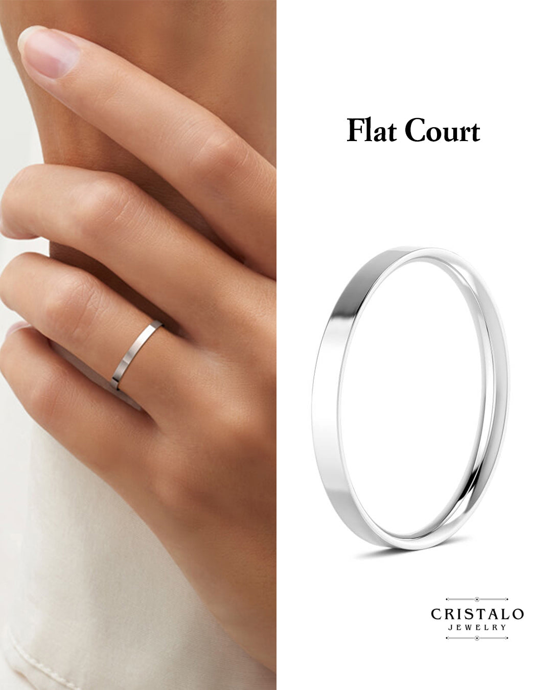 18k white gold modern wedding band with a sharp edge and a comfortable rounded inside.
