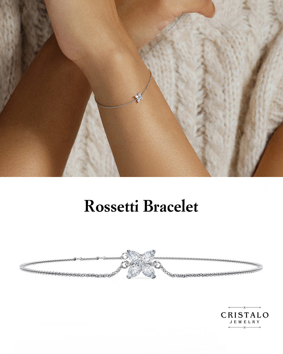 Floral-inspired diamond bracelet, adjustable 17–19cm chain, perfect for spring elegance.